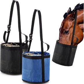 2 Pcs Horse Feed Bags for Grain Horse Feed Bucket with Adjustable Strap and Waterproof Bottom for Horse Feeding, Black, Blue