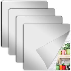 4 Pcs Full Length Wall Mirror Tiles, 12 x 12 in Self Adhesive Acrylic Square Mirror, Flexible Mirror Sheets Wall Stickers Frameless Mirrors Set for Bathroom Home Gym Door Mirror