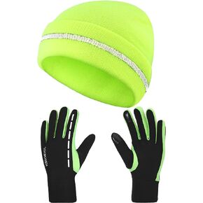 High Elasticity Reflective Knit Cap and Reflective Touch Screen Gloves, Cold-Proof and Warm Hat and Gloves Kit for Running Cycling Hiking Walking for Men Women (Bright Yellow)