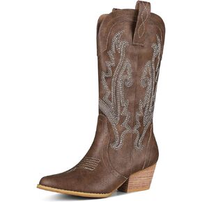 Womens Cowboy Boots for Women Pointed Toe Chunky Heel Mid Calf Cowgirl Boot Embroidered Western Boots