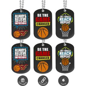 (6-Pack) Basketball Motivational Dog Tag Necklaces - Basketball Gifts in Bulk for Basketball Team Accessories - Basketball Party Favors Sports Prizes Awards for Team and Fans