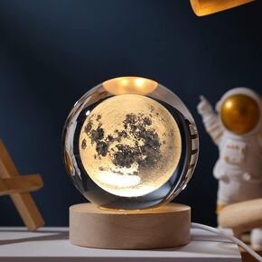 Glowing Crystal Ball 3D Inner Carved Small Crystal Ball Light with Wood Base, Decorative Creative Gift Luminous Crystal Ball for Christmas Classmates and Kids Birthday (Moon)