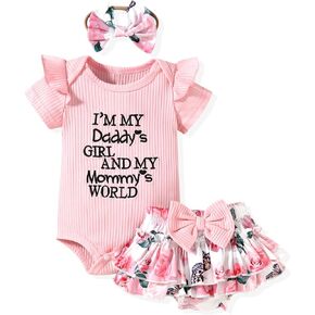 HIHA Infant Baby Girl Summer Clothes Letter Print Bodysuit Floral Shorts Outfit with Headband