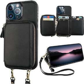Bocasal RFID Blocking Wallet Case for iPhone 13 Pro Max, Adjustable Crossbody Zipper Purse Case Card Holder with Kickstand Detachable Wrist Strap, PU Leather Flip Folio Case 6.7 Inch 5G (Black)
