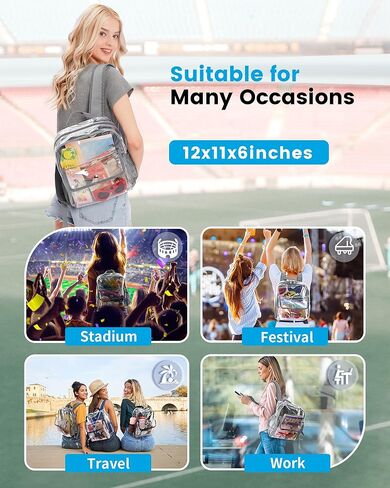 حقيبة ظهر شفافة من Vorspack معتمدة - حقيبة ظهر صغيرة شفافة للنساء حقيبة ظهر صغيرة شفافة مقاس 12 × 6 × 12 حقيبة شفافة شديدة التحمل لأماكن ألعاب المهرجانات الرياضية - أسود in Kuwait