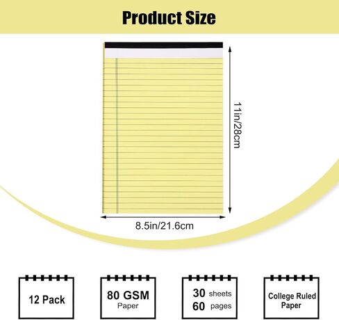 EOOUT 12 Pack Note Pads 8.5x11 Inch, Yellow Writing Pads, 80GSM Thick College Ruled Lined Writing Note Pads 30 Sheets Letter Size Legal Notepads Memo Pads for Office Work in Saudi Arabia