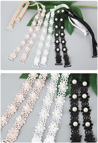 3 Pairs Womens Replacement Bra Straps Stretchy Lace Shoulder Belts Decorative Sunflower with Plastic Pearls in Kuwait