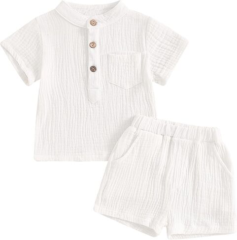 Karuedoo Toddler Baby Boy Clothes Solid Color Cotton Gauze Button Up Short Sleeve Henley Shirts and Shorts Set Summer Outfits in Saudi Arabia