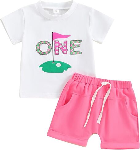 Baby Boy Girl First Birthday Golf Outfit Short Sleeve Hole In One Golf T-shirt + Shorts 1st Birthday Smash Cake Outfit in Saudi Arabia