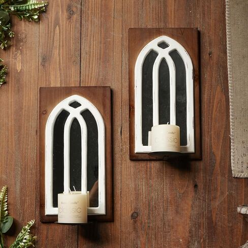 SOFE Arched Window Mirror Candle Sconces Wall Decor Set of 2, Wood Wall Sconces Candle Holder, Cathedral Rustic Wall Decor Hanging Candle Holder for Living Room, Bedroom Bathroom in Saudi Arabia