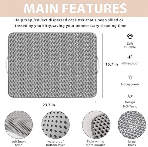 Cat Litter Mat with Handles, 30"x 24" Litter Trapping Mat, Double Layer Honeycomb Litter Box Mat, Waterproof Urine Proof Kitty Litter Mat,Easy Clean Scatter Control in Saudi Arabia