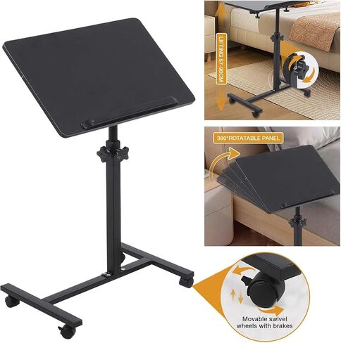 Adjustable Overbed Bedside Table with Wheels for Hospital and Home Use,Bed Desk, Laptop Tray Desk Tilting 7027(Black) in Saudi Arabia