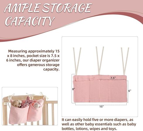 8"x15" Diaper Caddy and Organizer for Changing Table and Crib Multi-Functional Hanging Diaper Stacker Nursery Organizer for Crib Diaper Holder Baby Crib Hanging Storage and Accessories - Pink in Kuwait