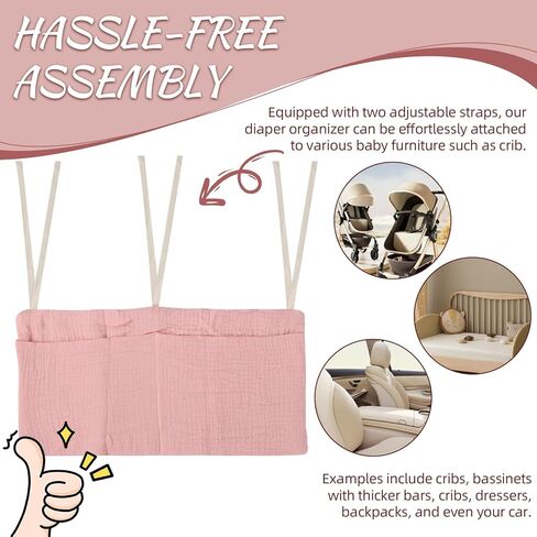 8"x15" Diaper Caddy and Organizer for Changing Table and Crib Multi-Functional Hanging Diaper Stacker Nursery Organizer for Crib Diaper Holder Baby Crib Hanging Storage and Accessories - Pink in Kuwait