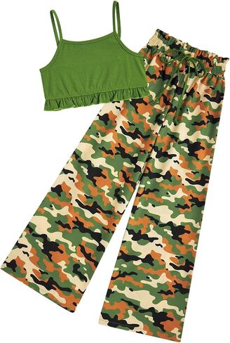 Girls Clothes Kids 2 Piece Outfits Summer Cute Cami Top and Wide Leg Pants Butterfly Print Sets Size 4-11 Years in Saudi Arabia