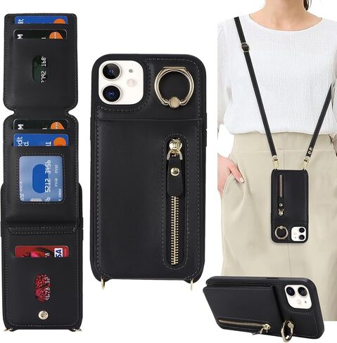 iPhone 12/12 pro Case with Card Holder for Women, iPhone 12/12 pro Phone Case Wallet with Strap Credit Card Slots Crossbody with Kickstand Zipper Shockproof Case for iPhone12/12pro - Black in Saudi Arabia