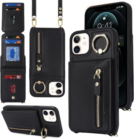 iPhone 12/12 pro Case with Card Holder for Women, iPhone 12/12 pro Phone Case Wallet with Strap Credit Card Slots Crossbody with Kickstand Zipper Shockproof Case for iPhone12/12pro - Black in Saudi Arabia
