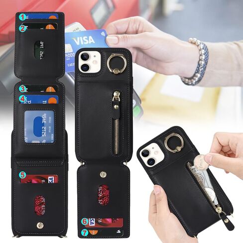 iPhone 12/12 pro Case with Card Holder for Women, iPhone 12/12 pro Phone Case Wallet with Strap Credit Card Slots Crossbody with Kickstand Zipper Shockproof Case for iPhone12/12pro - Black in Saudi Arabia
