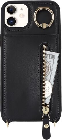 iPhone 12/12 pro Case with Card Holder for Women, iPhone 12/12 pro Phone Case Wallet with Strap Credit Card Slots Crossbody with Kickstand Zipper Shockproof Case for iPhone12/12pro - Black in Saudi Arabia