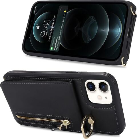 iPhone 12/12 pro Case with Card Holder for Women, iPhone 12/12 pro Phone Case Wallet with Strap Credit Card Slots Crossbody with Kickstand Zipper Shockproof Case for iPhone12/12pro - Black in Saudi Arabia