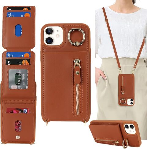 iPhone 12/12 pro Case with Card Holder for Women, iPhone 12/12 pro Phone Case Wallet with Strap Credit Card Slots Crossbody with Kickstand Zipper Shockproof Case for iPhone12/12pro - Black in Saudi Arabia
