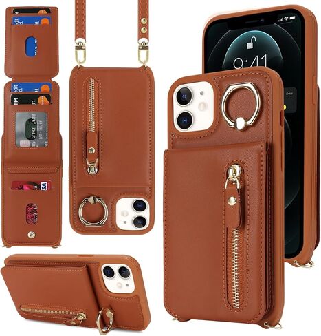 iPhone 12/12 pro Case with Card Holder for Women, iPhone 12/12 pro Phone Case Wallet with Strap Credit Card Slots Crossbody with Kickstand Zipper Shockproof Case for iPhone12/12pro - Black in Saudi Arabia
