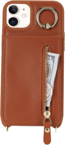 iPhone 12/12 pro Case with Card Holder for Women, iPhone 12/12 pro Phone Case Wallet with Strap Credit Card Slots Crossbody with Kickstand Zipper Shockproof Case for iPhone12/12pro - Black in Saudi Arabia