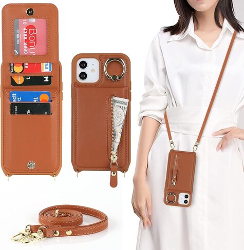 iPhone 12/12 pro Case with Card Holder for Women, iPhone 12/12 pro Phone Case Wallet with Strap Credit Card Slots Crossbody with Kickstand Zipper Shockproof Case for iPhone12/12pro - Black in Kuwait