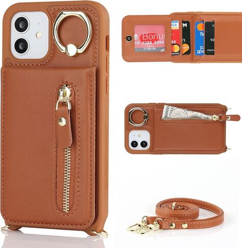 iPhone 12/12 pro Case with Card Holder for Women, iPhone 12/12 pro Phone Case Wallet with Strap Credit Card Slots Crossbody with Kickstand Zipper Shockproof Case for iPhone12/12pro - Black in Kuwait