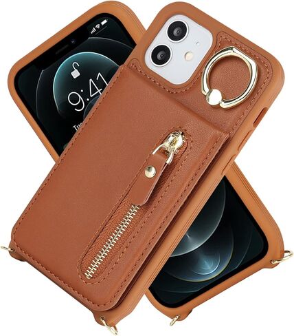 iPhone 12/12 pro Case with Card Holder for Women, iPhone 12/12 pro Phone Case Wallet with Strap Credit Card Slots Crossbody with Kickstand Zipper Shockproof Case for iPhone12/12pro - Black in Kuwait