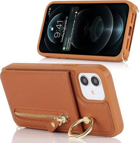 iPhone 12/12 pro Case with Card Holder for Women, iPhone 12/12 pro Phone Case Wallet with Strap Credit Card Slots Crossbody with Kickstand Zipper Shockproof Case for iPhone12/12pro - Black in Kuwait