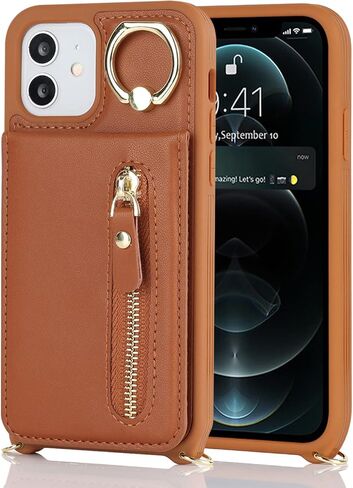iPhone 12/12 pro Case with Card Holder for Women, iPhone 12/12 pro Phone Case Wallet with Strap Credit Card Slots Crossbody with Kickstand Zipper Shockproof Case for iPhone12/12pro - Black in Kuwait