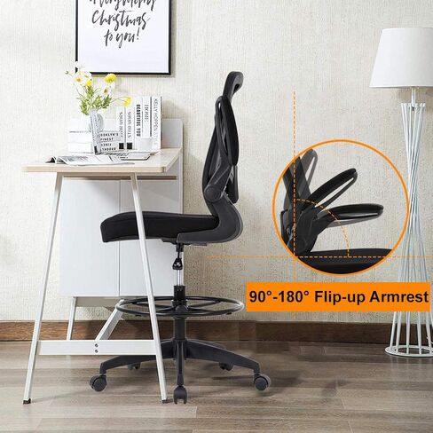 Drafting Chair Tall Office Chair Adjustable Height with Lumbar Support Flip Up Arms Footrest Mid Back Task Mesh Desk Chair Computer Chair Drafting Stool for Standing Desk, Black in Saudi Arabia