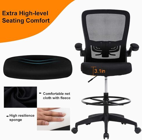 Drafting Chair Tall Office Chair Adjustable Height with Lumbar Support Flip Up Arms Footrest Mid Back Task Mesh Desk Chair Computer Chair Drafting Stool for Standing Desk, Black in Saudi Arabia