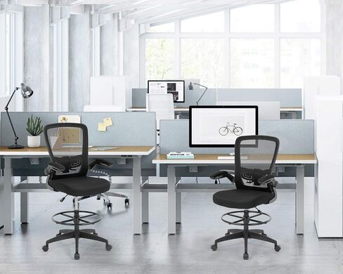 Drafting Chair Tall Office Chair Adjustable Height with Lumbar Support Flip Up Arms Footrest Mid Back Task Mesh Desk Chair Computer Chair Drafting Stool for Standing Desk, Black in Saudi Arabia