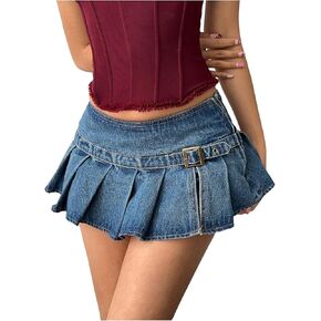 تنورة WDIRARA النسائية ذات الطيات المنخفضة الارتفاع من قماش الدنيم Y2k بإبزيم in Kuwait