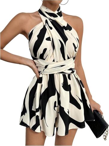 SweatyRocks Women's Summer Open Back Crisscross Halter Rompers Sleeveless Tie Back Ruched Short Jumpsuit in Saudi Arabia
