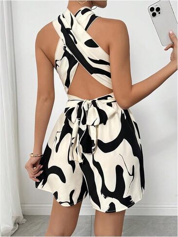 SweatyRocks Women's Summer Open Back Crisscross Halter Rompers Sleeveless Tie Back Ruched Short Jumpsuit in Saudi Arabia