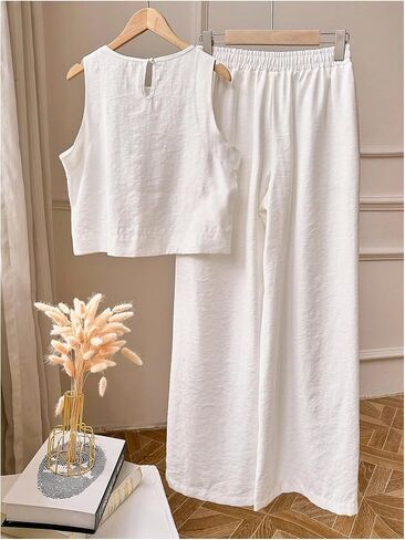GORGLITTER Women's Two Piece Sets Sleeveless Linen Tank Crop Top Wide Leg Pants Set Jumpsuits in Saudi Arabia