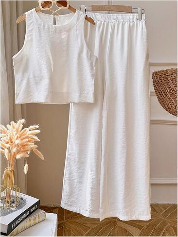 GORGLITTER Women's Two Piece Sets Sleeveless Linen Tank Crop Top Wide Leg Pants Set Jumpsuits in Saudi Arabia