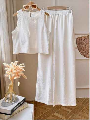 GORGLITTER Women's Two Piece Sets Sleeveless Linen Tank Crop Top Wide Leg Pants Set Jumpsuits in Saudi Arabia