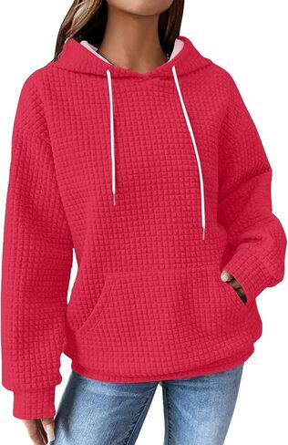 Women Waffle Knit Warm Hoodies Long Sleeve Drawstring Casual Oversize Sweaters Comfy Fall Plaid Basic Pullover with Pocket in Saudi Arabia