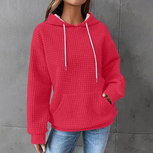 Women Waffle Knit Warm Hoodies Long Sleeve Drawstring Casual Oversize Sweaters Comfy Fall Plaid Basic Pullover with Pocket in Saudi Arabia