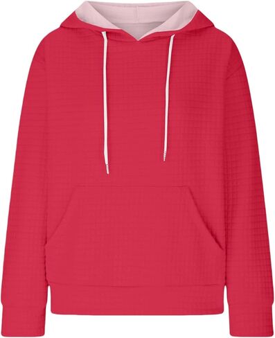 Women Waffle Knit Warm Hoodies Long Sleeve Drawstring Casual Oversize Sweaters Comfy Fall Plaid Basic Pullover with Pocket in Saudi Arabia