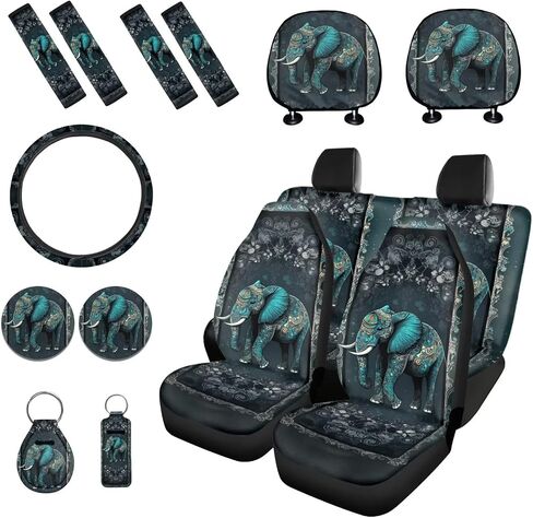 Elephant Printed 15 Pack Car Seat Cover Full Set, Stretchy Car Interior Covers Set Front Rear Seat Protector Seat Belt Pad Steering Wheel Protector Keychain in Saudi Arabia