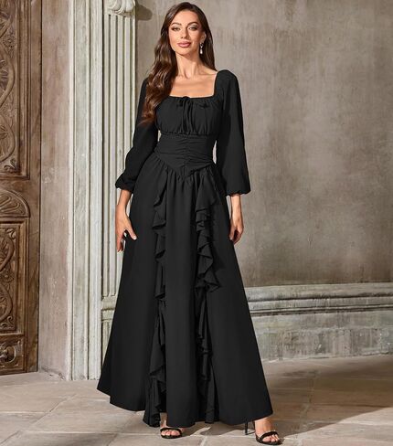 Abaowedding Renaissance Medieval Dress Women Ren Faire Dress, Square Neck, Long Puff Sleeves, Smocked Bodice, Ruffle Details in Saudi Arabia