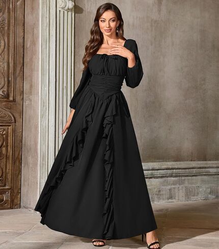 Abaowedding Renaissance Medieval Dress Women Ren Faire Dress, Square Neck, Long Puff Sleeves, Smocked Bodice, Ruffle Details in Saudi Arabia