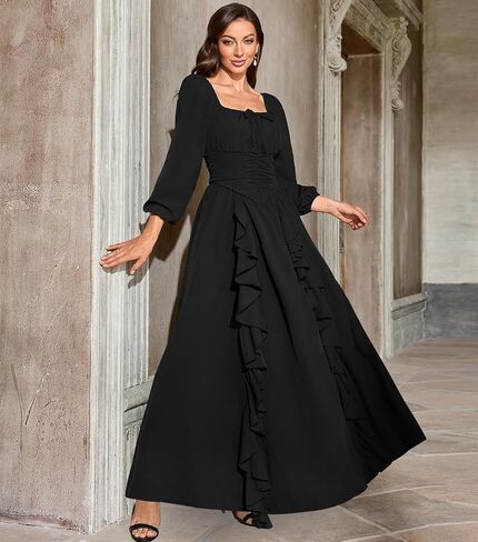 Abaowedding Renaissance Medieval Dress Women Ren Faire Dress, Square Neck, Long Puff Sleeves, Smocked Bodice, Ruffle Details in Saudi Arabia