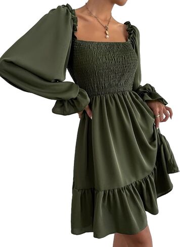 Women's Chiffon Blend Casual Mini Dress with Long Lantern Sleeves, Square Neck Tie Back High Waist A-Line Silhouette in Saudi Arabia