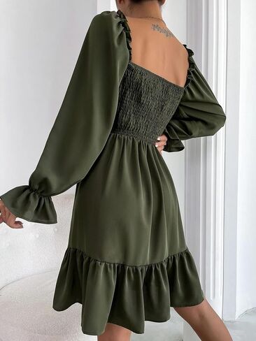 Women's Chiffon Blend Casual Mini Dress with Long Lantern Sleeves, Square Neck Tie Back High Waist A-Line Silhouette in Saudi Arabia